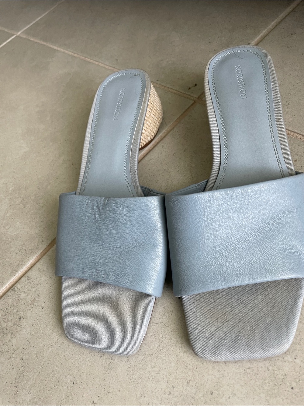 Nordstrom Light Blue Leather Woven Wedge Slide Sandals